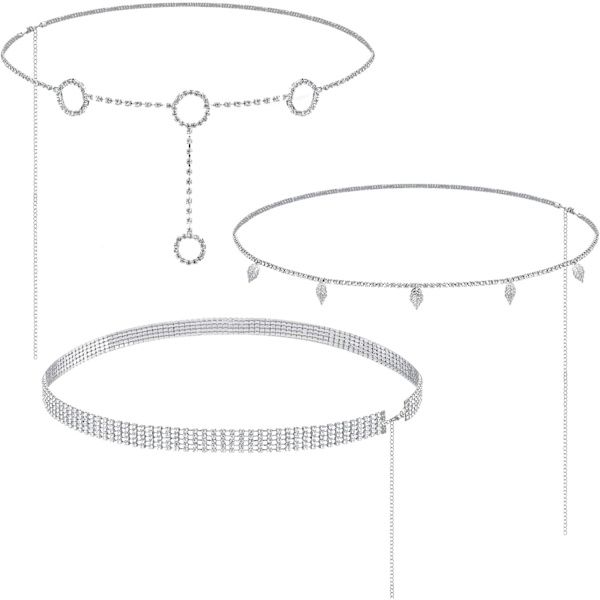 3 stk. Rhinestone midje- og magekjede for kvinner med diamantformet sommerfugl