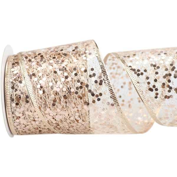 Rose Gold Wired Ribbon 2,5 Tommer Rose Pink Shimmery Glitter Metallic Ribbon Mesh