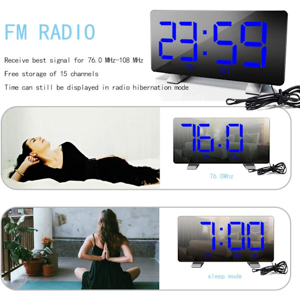 Digital väckarklocka med radio (76,0 MHz-8,0 MHz) 2 larminställningar USB-port för laddning 4 justerbar ljusstyrka Snooze digital klocka för barn Blå
