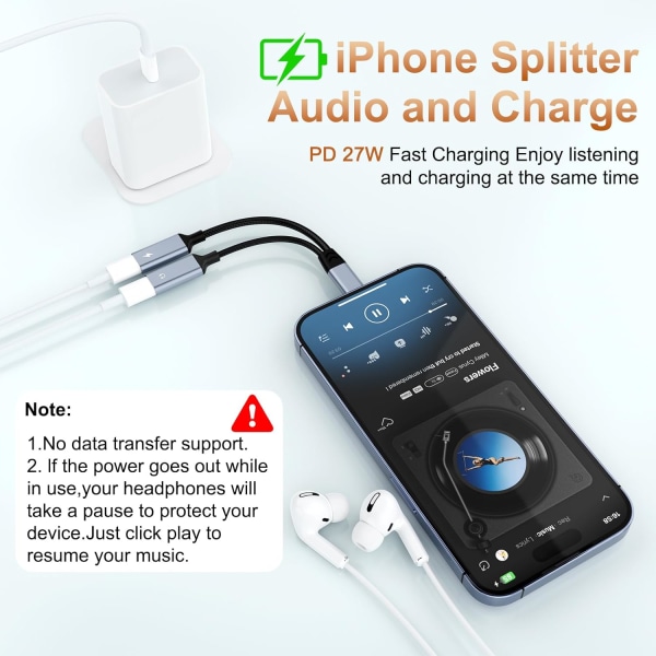 iPhone-splitter för laddning och hörlursadapter, iPhone Lightning till 2 Lightning-adapter, Dual Lightning AUX + laddningsadapter Dongle-kabel