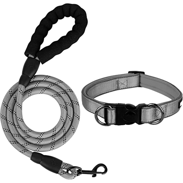 Halsband och koppel set för hund, reflexhalsband för hund, kraftigt hundkoppel, justerbart mjukt neoprenfodrat nylon husdjurshalsband, bekvämt vadderat grått