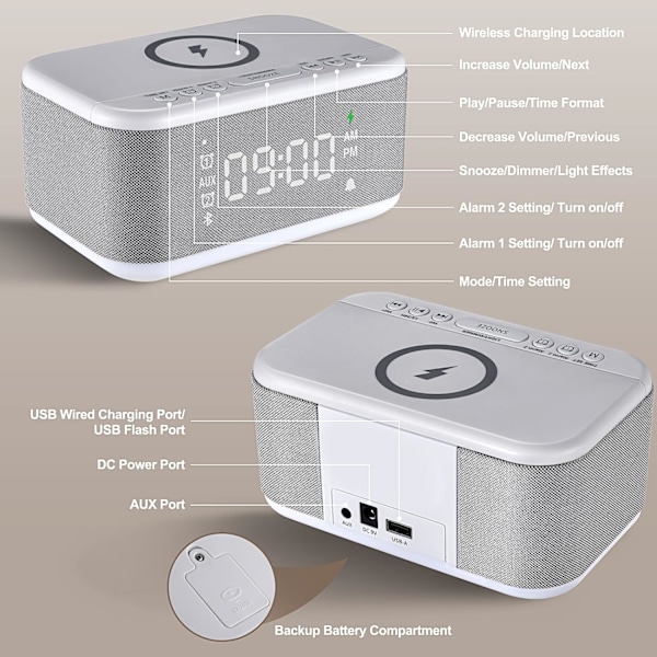 Väckarklocka Högtalare Trådlös Laddare, Digital Sovrum Bluetooth, Väckarklocka Dimbart Ljus Sovrum Dubbel Alarm Snooze Dimmer 12 24H RGB Natt