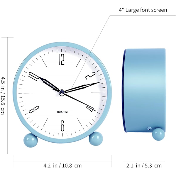 Sød og sikker vækkeur til børn Baery Powered (Baery inkluderet), 4\" analog super lydløs analog vækkeur med nattelys510 Blå&Hvid