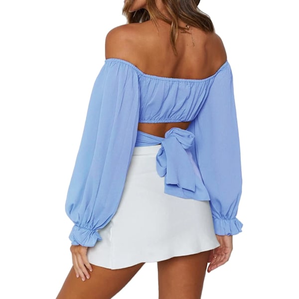 Kvinnors söta off shoulder långärmad själv knyta knut crop top blus
