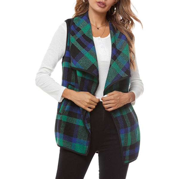 Dame Vest Lapel Åben Front Buffalo Plaid Ærmeløs Cardigan Jakke Frakke med