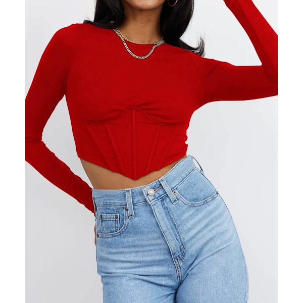 Kvinde Ribbet Langærmet Fest Tøj Ud Crop Tops til Kvinder Sød Korset