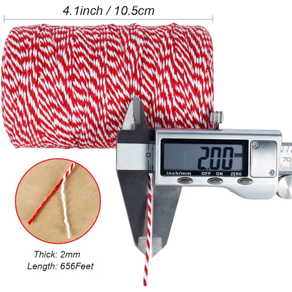 Rød og hvit hyssing, 656 fot 2 mm bomullsbakerhyssing for gaveinnpakning