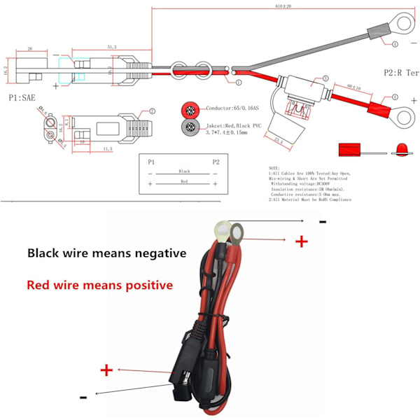 2FT SAE till ringterminal kabel - Solpanel sladdförlängning 12V 24V med 10A säkring