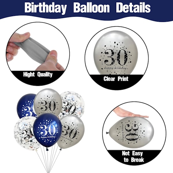 Blå silver 30-års födelsedag latex ballonger - festdekorationer för män