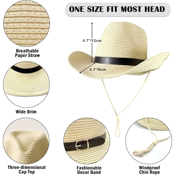 Halm Cowboy Hat til Kvinder Mænd Formbar Sommer Halm Strand Solhat med Vind