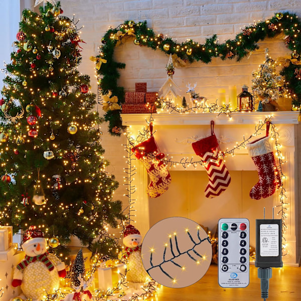 Julelys utendørs klyngelys - 1000 LED-er 50 fot 4X lys 8 moduser timer fjernkontroll, vanntett plugg i fe-strengelys, juletre