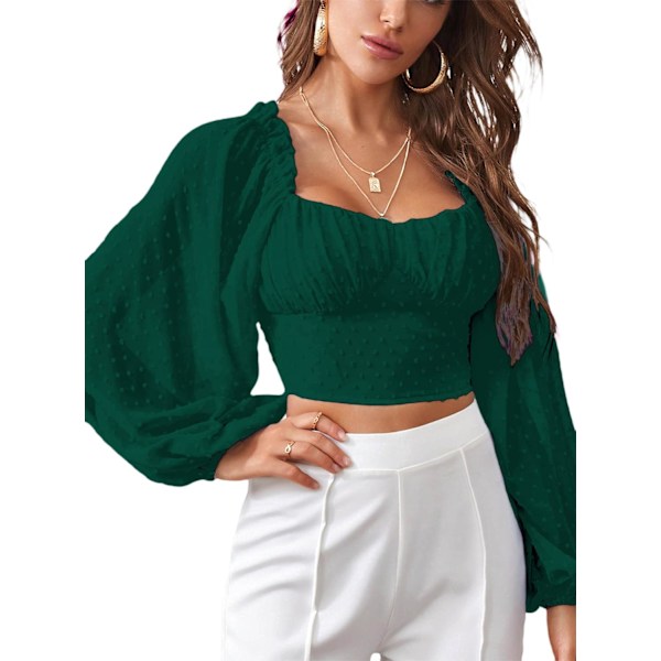 Kvinners gjennomsiktig mesh langarmet crop top scoop hals sveitsiske prikker elegant bluse