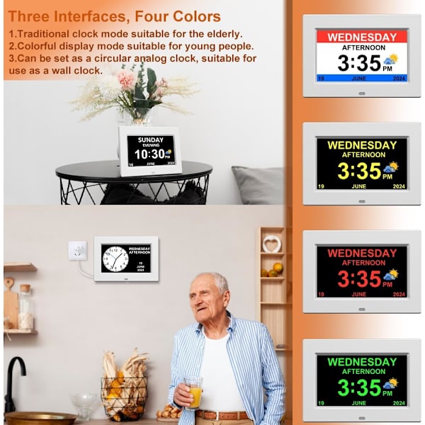 Digital klocka med datum och veckodag för äldre2 larm Medicinpåminnelse Demens Alzheimers Klocka Kalender med extra stor display (7
