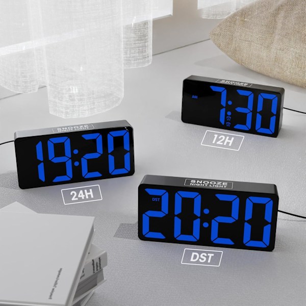 Digital väckarklocka för sovrum, 7\" digitalklocka med dubbla alarm, typ C & USB-laddningsport, nattlampa, fet siffra stor display, 7 blå