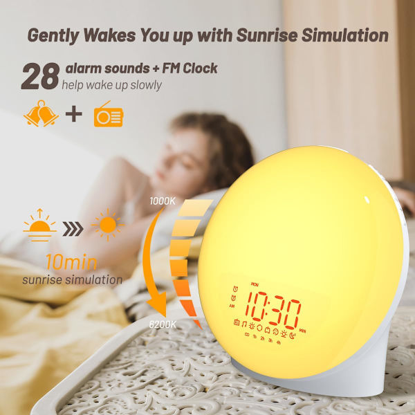 Väckarklocka med soluppgångsljus för alla, simulering av soluppgång och solnedgång, sömnstöd, dubbla alarm, FM-radio, snooze, nattljus 13 färger 23 sömn