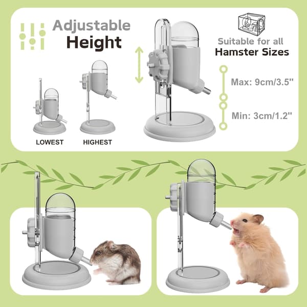 Hamstervattenflaska med stativ, vattendispenser för syriska dvärghamstrar, gerbiler, möss, råttor, degus (grå,