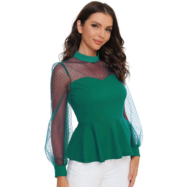 Kvinnors Mesh Långärmad Mock Neck Volangfåll Slim Fit Peplum Blus