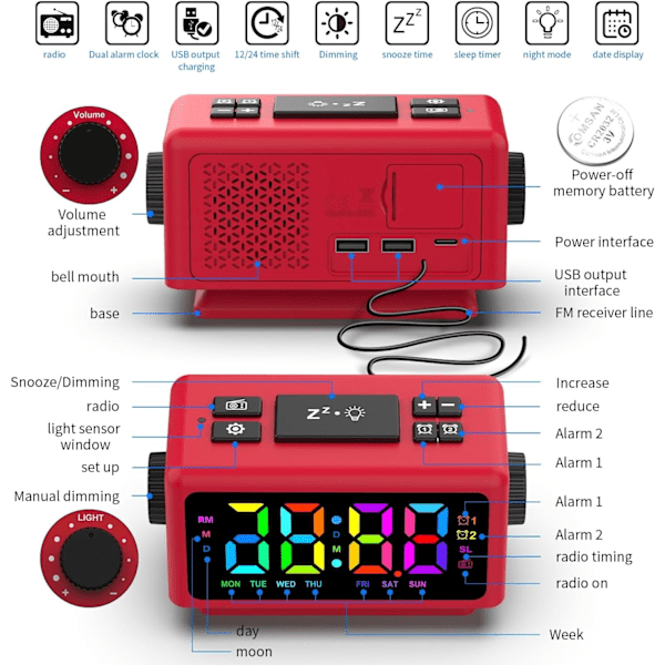 Digitalt vækkeur med 11 dynamisk RGB-display, FM-radiovækkeur med 2 USB-porte, søvnlydmaskiner med timer, 000 % lysdæmper, dobbelt rød