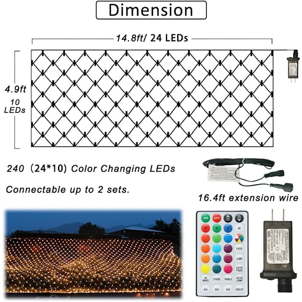 Julelys Nettlys Utendørs, 240 LED 18 Fargeskiftende Nettlys, 14,8 ft x 5 ft Vanntett Koblebar Flerfarget Fe Lysstrenger for