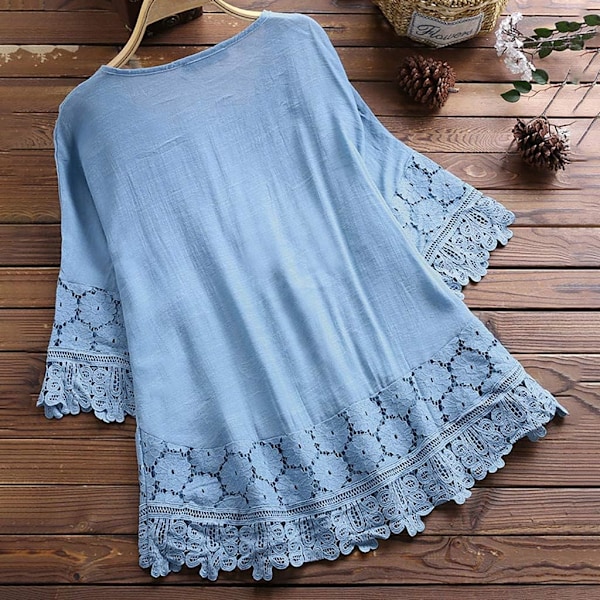 Kvinners blonder patchwork bluser plus size t-skjorte v-hals 3/4 ermer topper løs