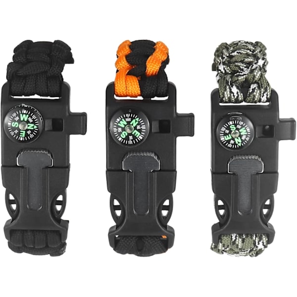 Överlevnadsarmband - Utomhusutrustning med kompass, flinta, visselpipa (3-pack)