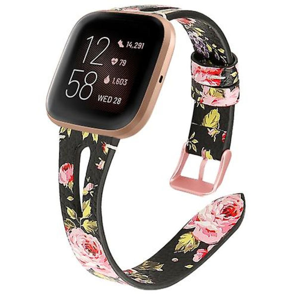 For Fitbit Versa 2 Læder Midteråbning Urrem IDZ Black Pink Flower