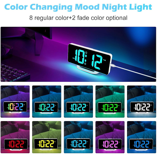 RGB Digital väckarklocka för sovrum med färgskiftande nattlampor, dubbla larm med snooze, dimmer, justerbar larmvolym, dubbla USB och