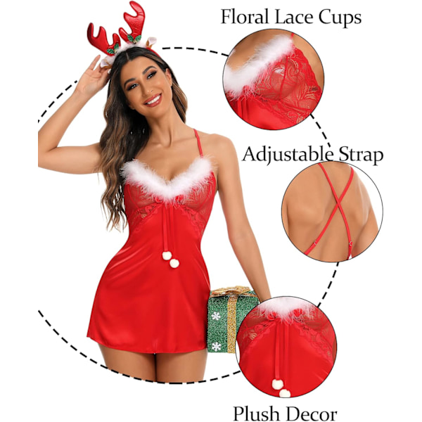 Kvinners juleundertøy Rød Santa Babydoll Chemise Sexy Chemise Satin