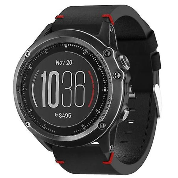 För Garmin Fenix 3 26mm Läder Sömnad Stål Spänne Klockarmband CYK Black