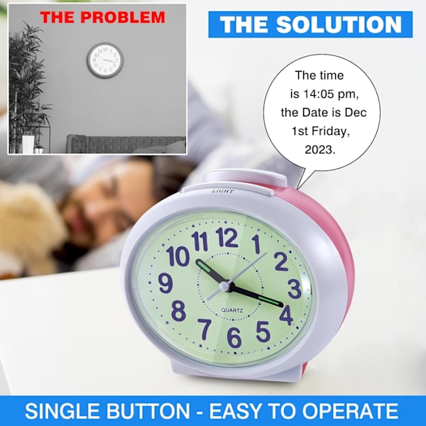 Analog Talking Alarm Clock - Talar tydligt tid och datum - Lätt att använda med stora siffror på en luminescerande bakgrund för demens,