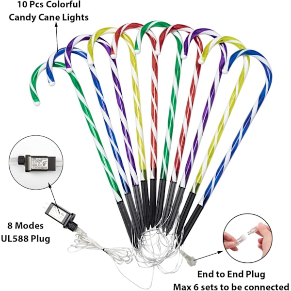 Candy Cane Udendørs Julelys - 10 Pakke 60 LED 21in Lighted Landskabssti Lyskæde med Hukommelsesfunktion 8 Blinkende Tilstande End-to-End