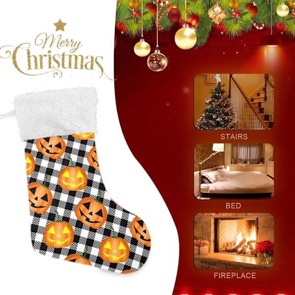 Julklapp, Personliga Julklappsstrumpor 2-pack Halloween Pumpa Svart Buffelrutig 45,7 cm Julstrumpor Hängande Ornament Eldstad
