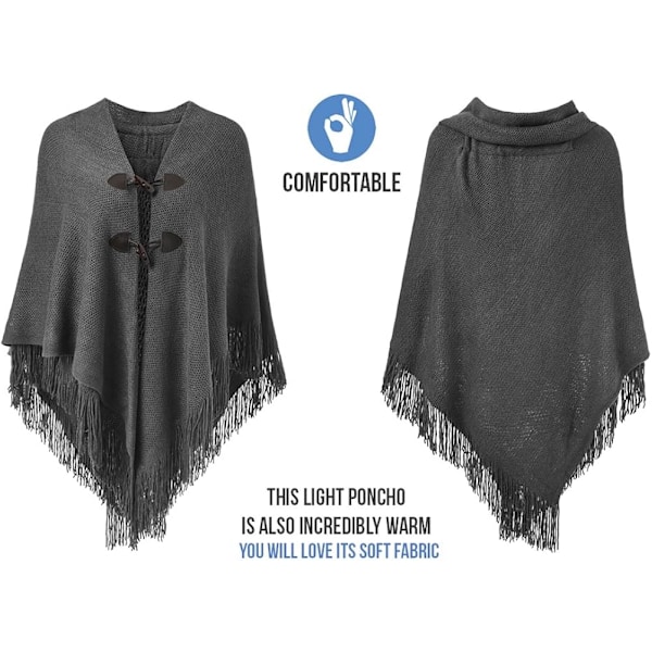 Kvinnors Lös Passande Poncho Cape Sjal med Snygga Hornknappar