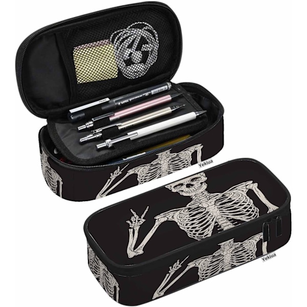 Humn Skeleton Posing n Bg Rock Roll Skull Boho Hippie Lrge ncil Cse Big Cpcity ncil Pouch ncil Holder Blck MultiColor-15 MultiColor-A15