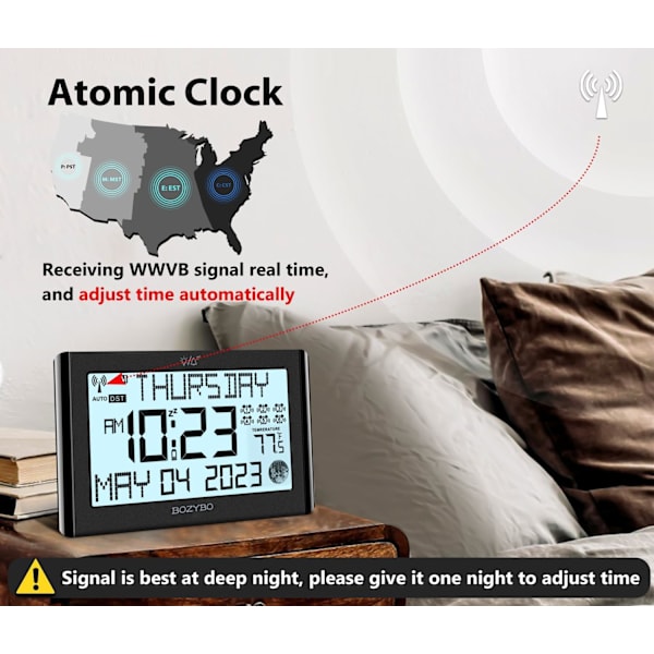 Digital klocka med 6 : Atomklocka med inomhustemperatur Självtidskorrigerande klocka med dag och datum för äldre Justerbar ljusstyrka Vägg