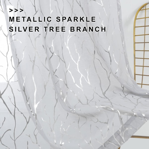 Silver Trädgren Skira Gardiner - 134,3 cm x 213,4 cm Stångfickspaneler (Set om 2) - Metalliskt Grått Mönster för Vardagsrum & Sovrum