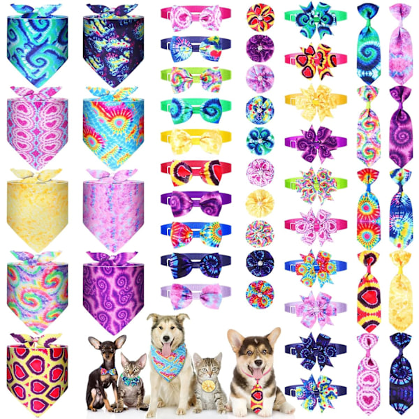 50 st färgglada hundbandana-halsduksset inklusive 10 hundfluga, 10 slipskrage, 10 husdjursscarf, 10 hundrosettblommor, 10 sexkantiga fluga katt hund