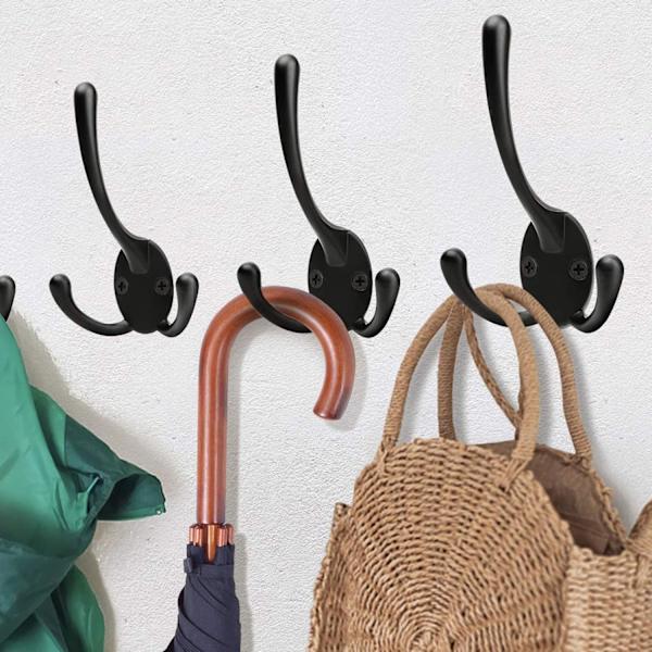 Kraftiga väggmonterade klädkrokar - 5-pack svarta krokar för att hänga rockar, handdukar, hattar
