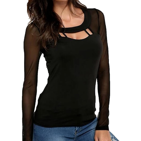 Dam långärmad mesh topp sexig genomskinlig genomskinlig blus svart mesh skjortor