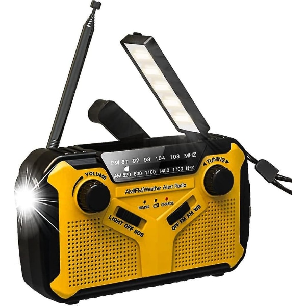 Bärbar radio, handvev/batteri och elnät/solarradiotransistor, väderradionödenhet med led ficklampa och telefonladdare, utmärkt R