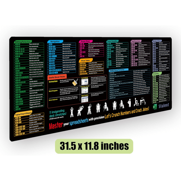 Excel Fuskark Underlägg för Skrivbord, 31.5\"x11.8\" Excel Genvägar Musmatta, Tangentbordsgenvägs Musmatta, XL Utökad Kontor PC amin Skrivbordsunderlägg/Sydd