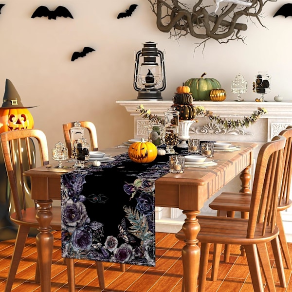 Linen Gothic  Gothic Skl Roses Dug til Halloween-fest Dekoration og Tilbehør til Hjem Køkkenbord-13×120'' Lilla Bord Lilla