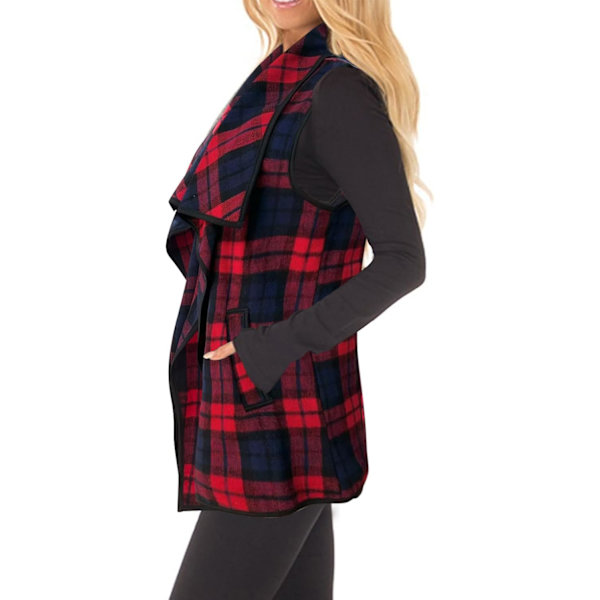 Dame Vest Lapel Åben Front Buffalo Plaid Ærmeløs Cardigan Jakke Frakke med