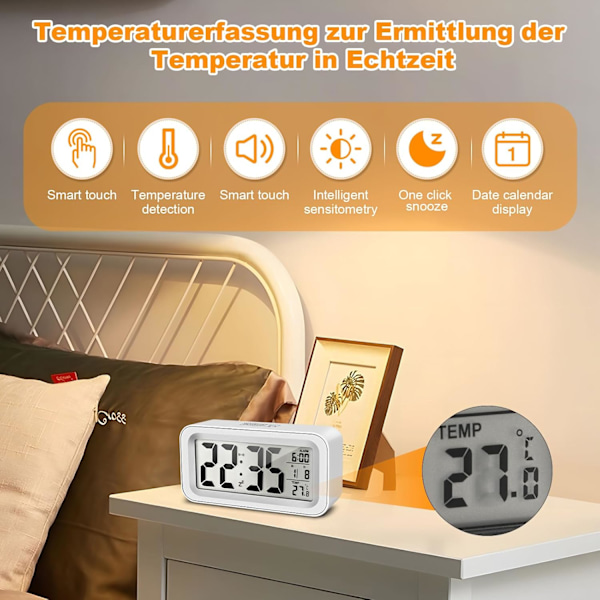 Uppgraderad Digital Väckarklocka - Sängklocka med Temperatur, Snooze, Nattlampa & Kalender (Vit)