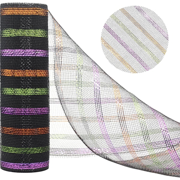 Deco Mesh 10 tommer x 30 fod, sort mesh stof med farverig metallisk folie,
