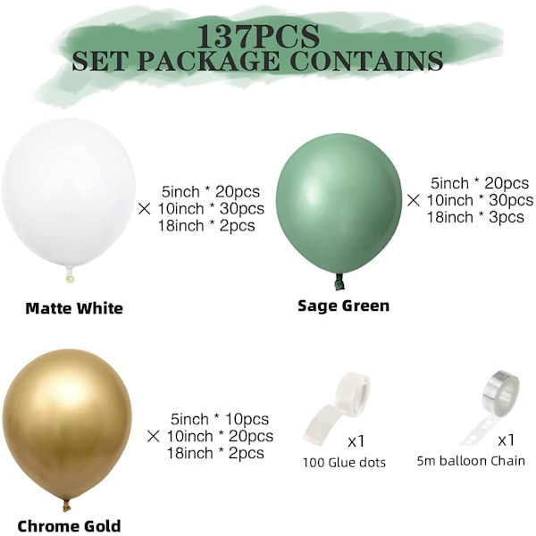 Salviegrøn ballonbue guirlande sæt 137st med matte hvide balloner