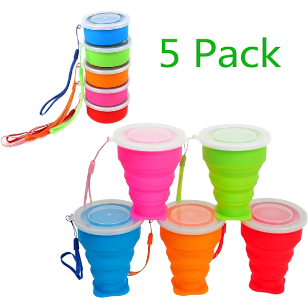 Silikon Hopfällbar Mugg med Lock - Portabel Vikbar Mugg för Resor, Camping, Vandring | Läcksäker & Återanvändbar (5-pack)