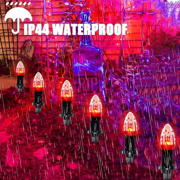C9 Halloween Pathway Lights Outdoor, 38Ft Halloween Blood Teardrop Pathway String Lights med 25 C9 Flicker Flame Lights, Halloween Dekorasjon