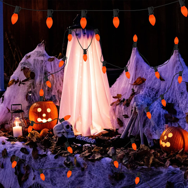 25Ft C7 Keramiske oransje Halloween-lys utendørs innendørs, flott som oransje lys for hjemmefest hagegårdsgjerde, med 27 stk keramiske oransje lys