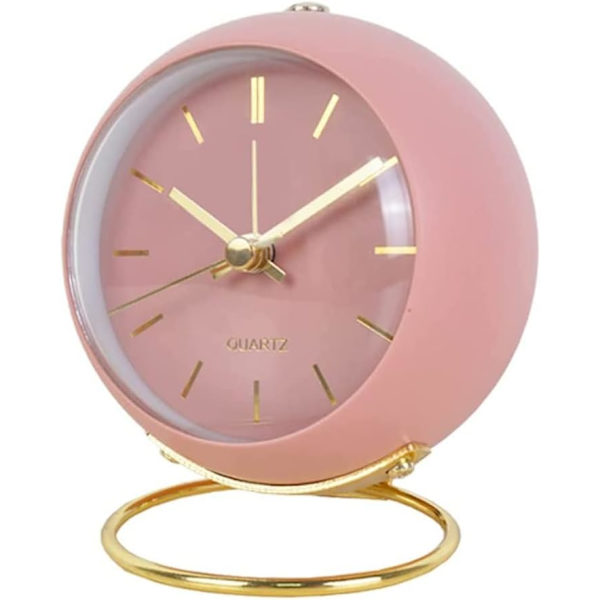 Analog, tyst icke-tickande klassisk retro analog söt liten skrivbordsklocka med nattljus Baery-driven bakgrundsbelysning för barn/sovrum/sängbord Rosa-2